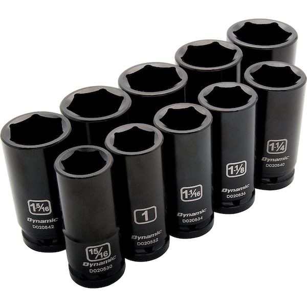 Tools 3/4" Dr 10Pcs 6 Pt, Deep L, Impact SAE Socket Set, 15/16"-1-5/8"